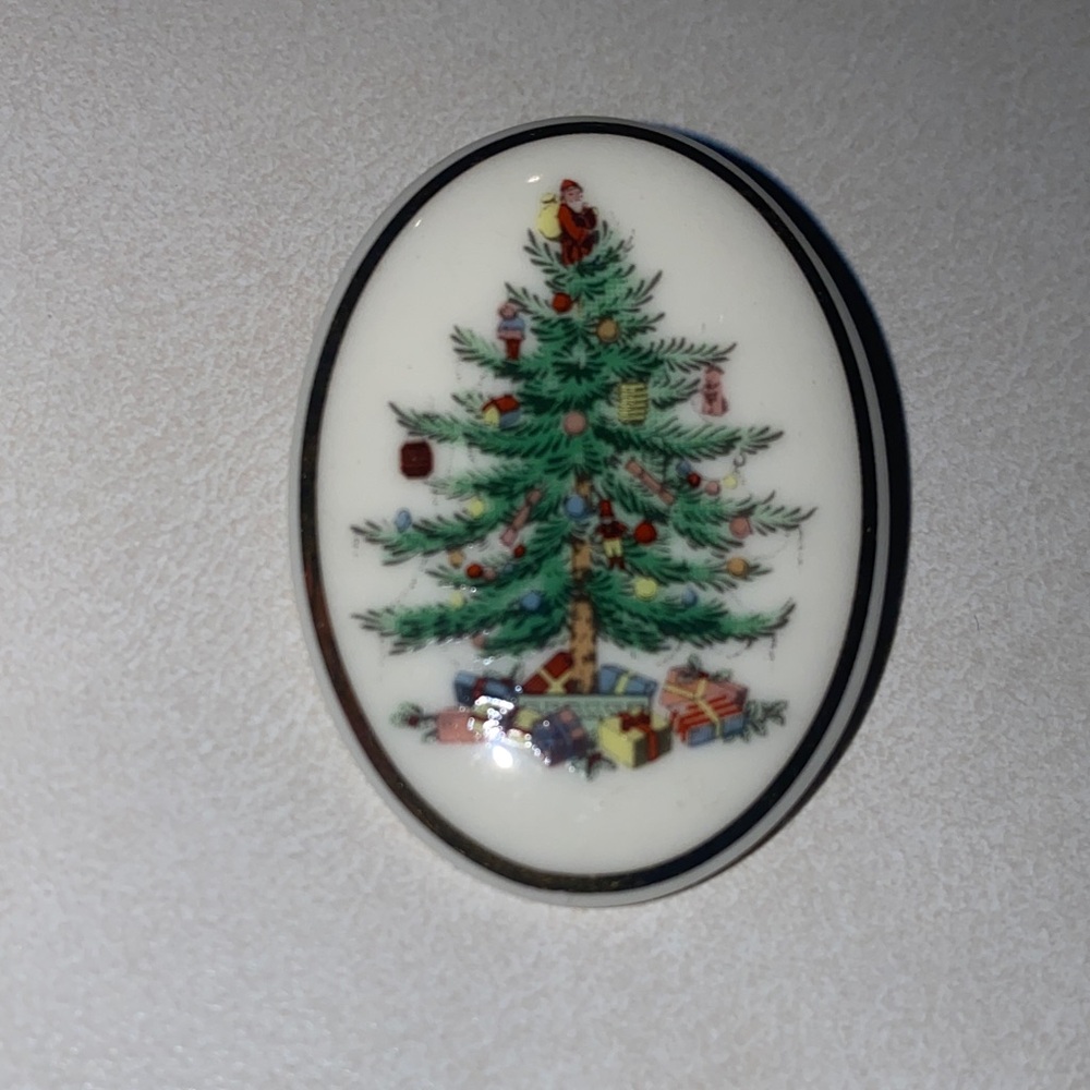 Vintage Spode Christmas Tree Oval Pin Brooch - Green, White